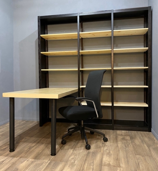 Peninsula desk store with bookcase